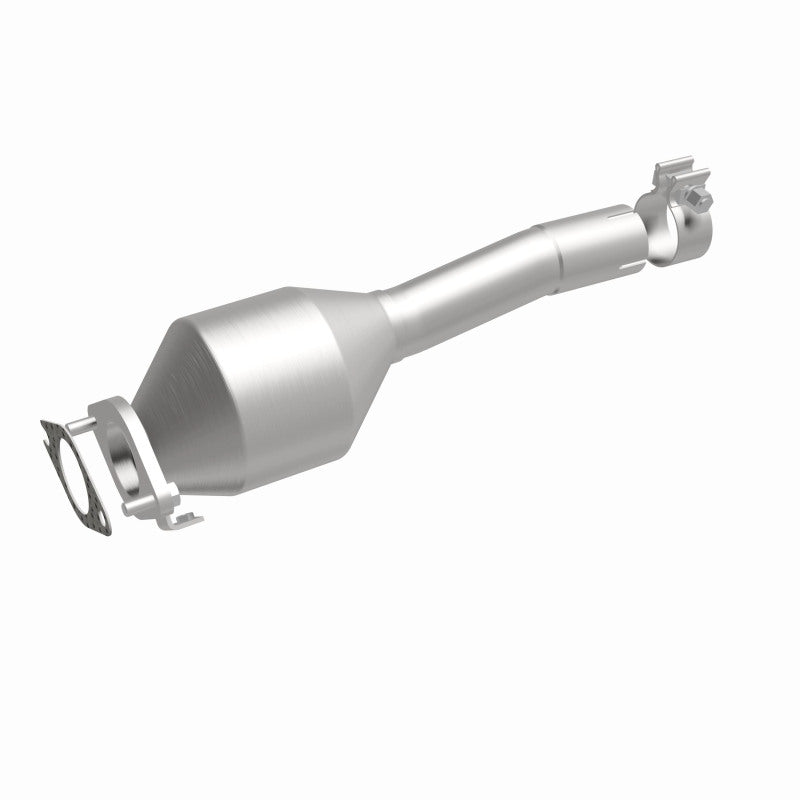MagnaFlow 557270 carb direct-fit catalytic converter, front three-quarter view of the turntable spin