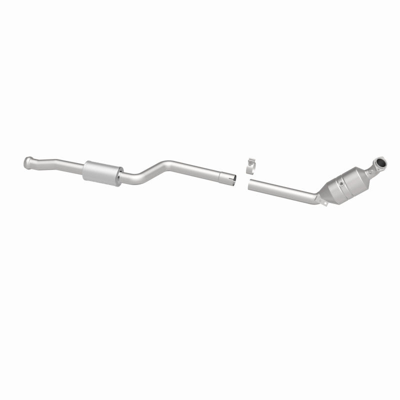 MagnaFlow 5561916 carb direct-fit catalytic converter, opposite rear three-quarter view of the turntable spin