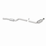 MagnaFlow 5561916 carb direct-fit catalytic converter, opposite rear three-quarter view of the turntable spin