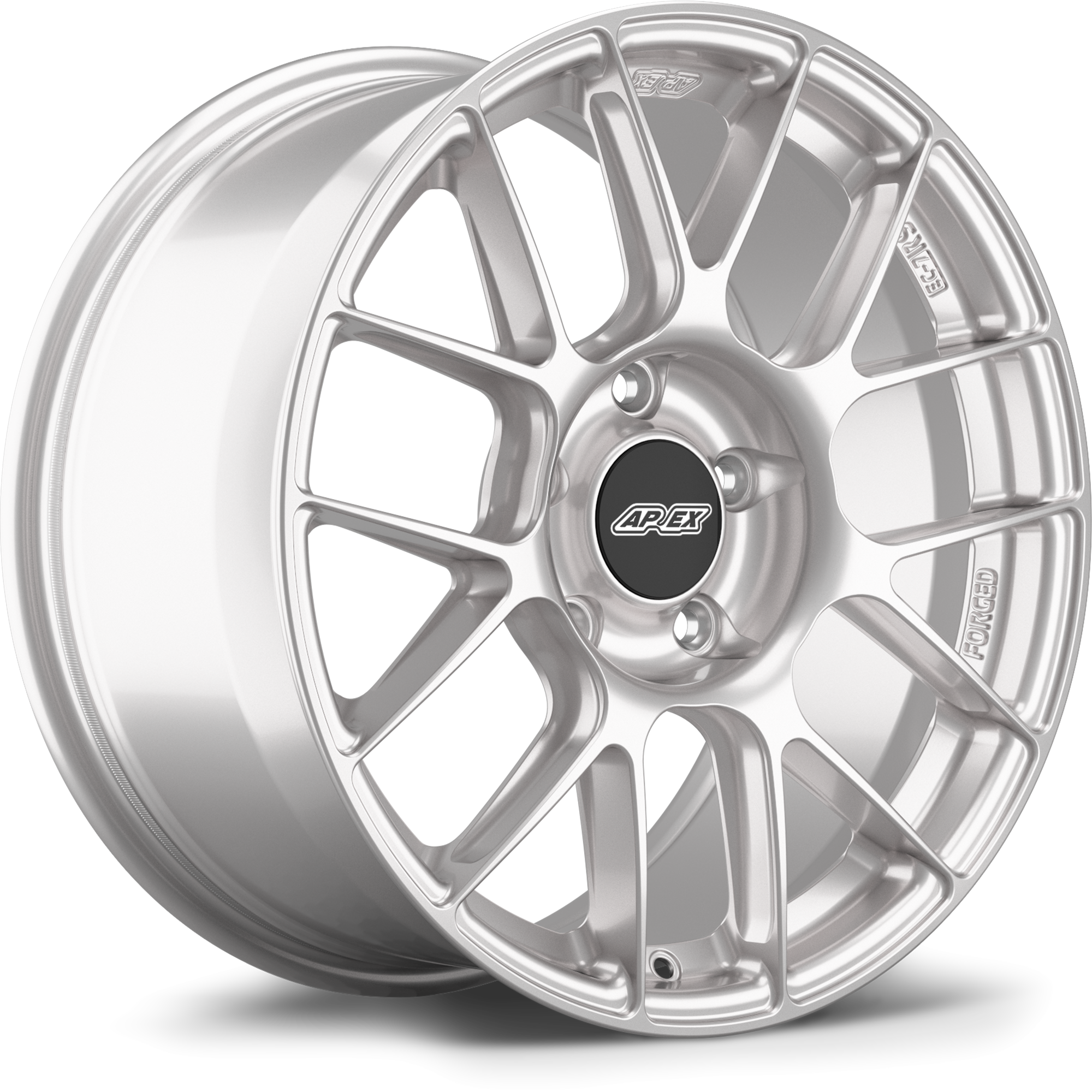 Silver alloy wheel with mesh-style spokes and black center cap, shown at three-quarter angle on white background - APEX Wheels wheel for 18x9 ET46 5x130 - Race Silver