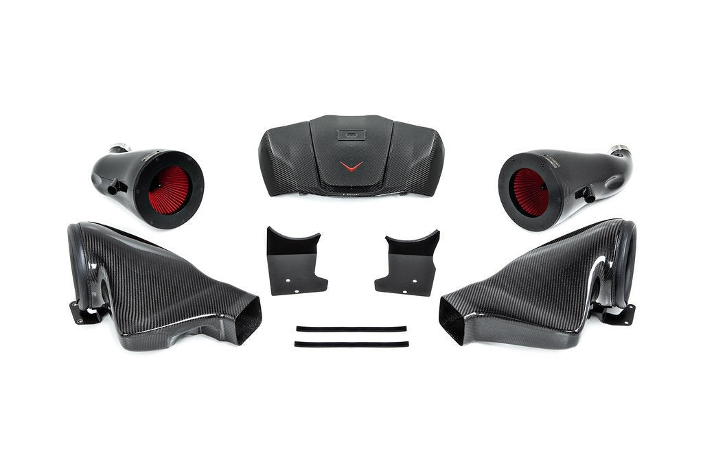 Complete carbon fiber cold air intake kit with dual filters, airbox cover, intake tubes, and mounting hardware - Eventuri cold air intake for Mercedes-Benz C190 AMG GT S R190 AMG GT C AMG GT R AMG GT
