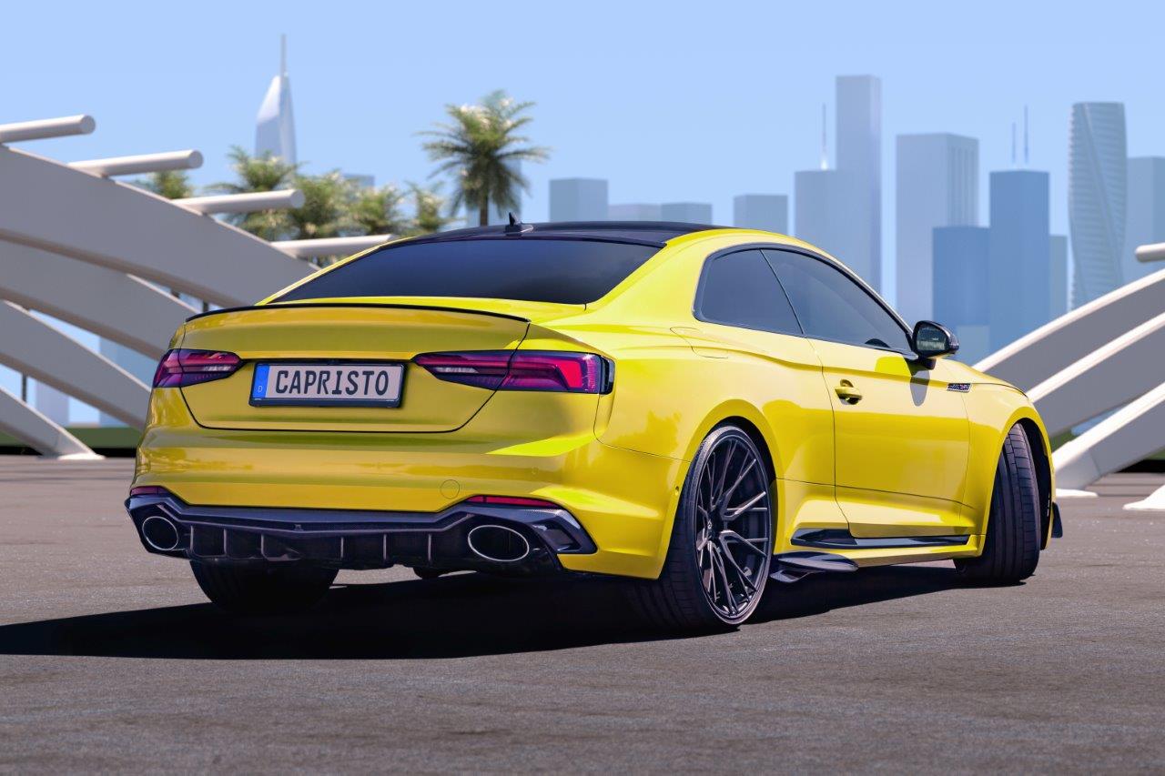 Yellow Audi RS5 coupe rear view fitted with Capristo ECE valved exhaust