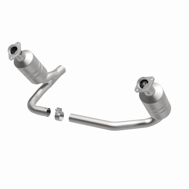 MagnaFlow 5551849 carb direct-fit catalytic converter, opposite front three-quarter view of the turntable spin