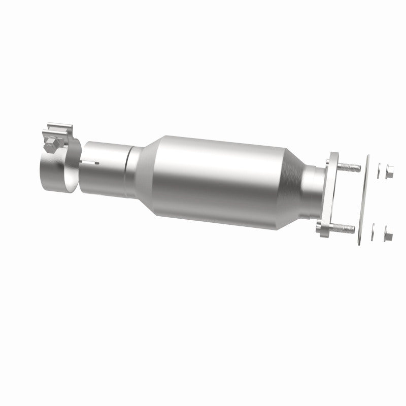 MagnaFlow 5571269 carb direct-fit catalytic converter, opposite rear three-quarter view of the turntable spin