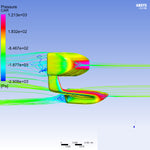 Computational fluid dynamics simulation showing aerodynamic pressure analysis with colorized streamlines around mirror housing - APR Performance aero mirror for Scion FRS BRZ GT-86