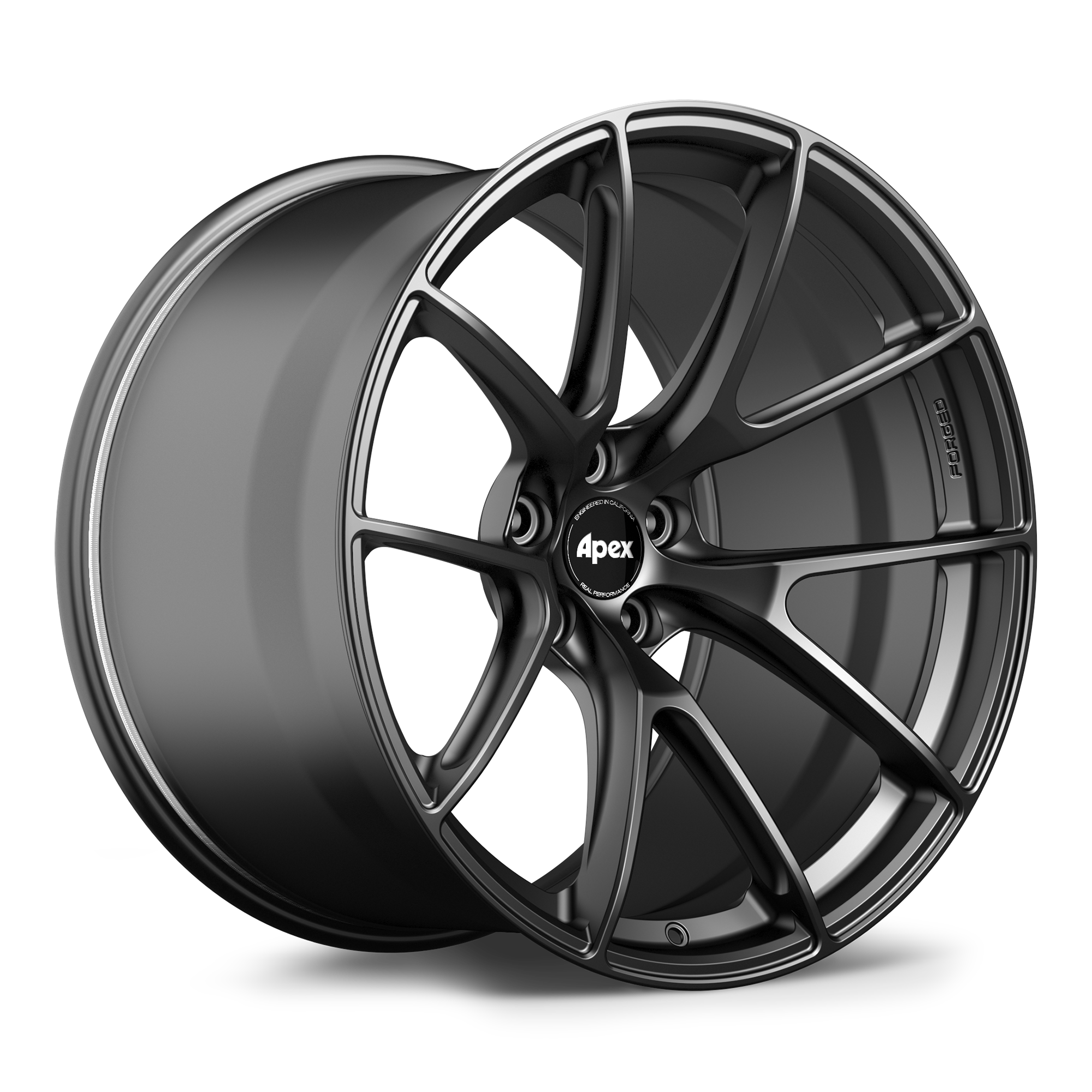 Single forged alloy wheel with dark gunmetal finish and Y-spoke design on white background - APEX Wheels wheel for 21x13 ET22 5x120 - Satin Black