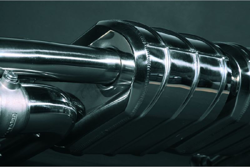 Close-up of polished muffler shell on Capristo Audi R8 V8 exhaust