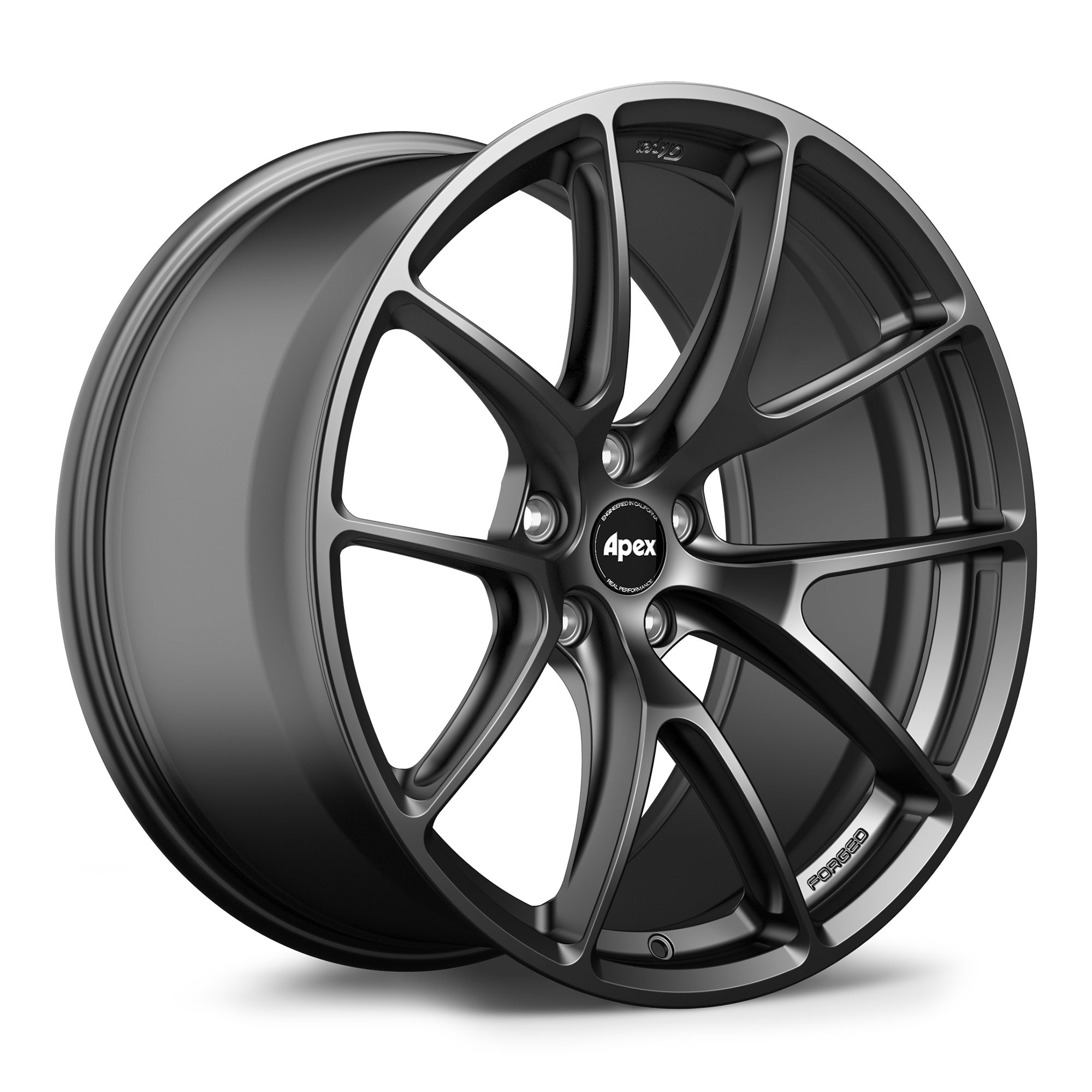 Single alloy wheel with dark gunmetal finish, multi-spoke design, and five lug bolt pattern on white background - APEX Wheels wheel for 20x10.5 ET36 5x112 - Satin Black