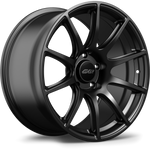 Black alloy wheel with ten-spoke design, five bolt pattern, center cap with brand logo, matte finish - APEX Wheels wheel for 18x11 ET52 5x114.3 - Satin Black