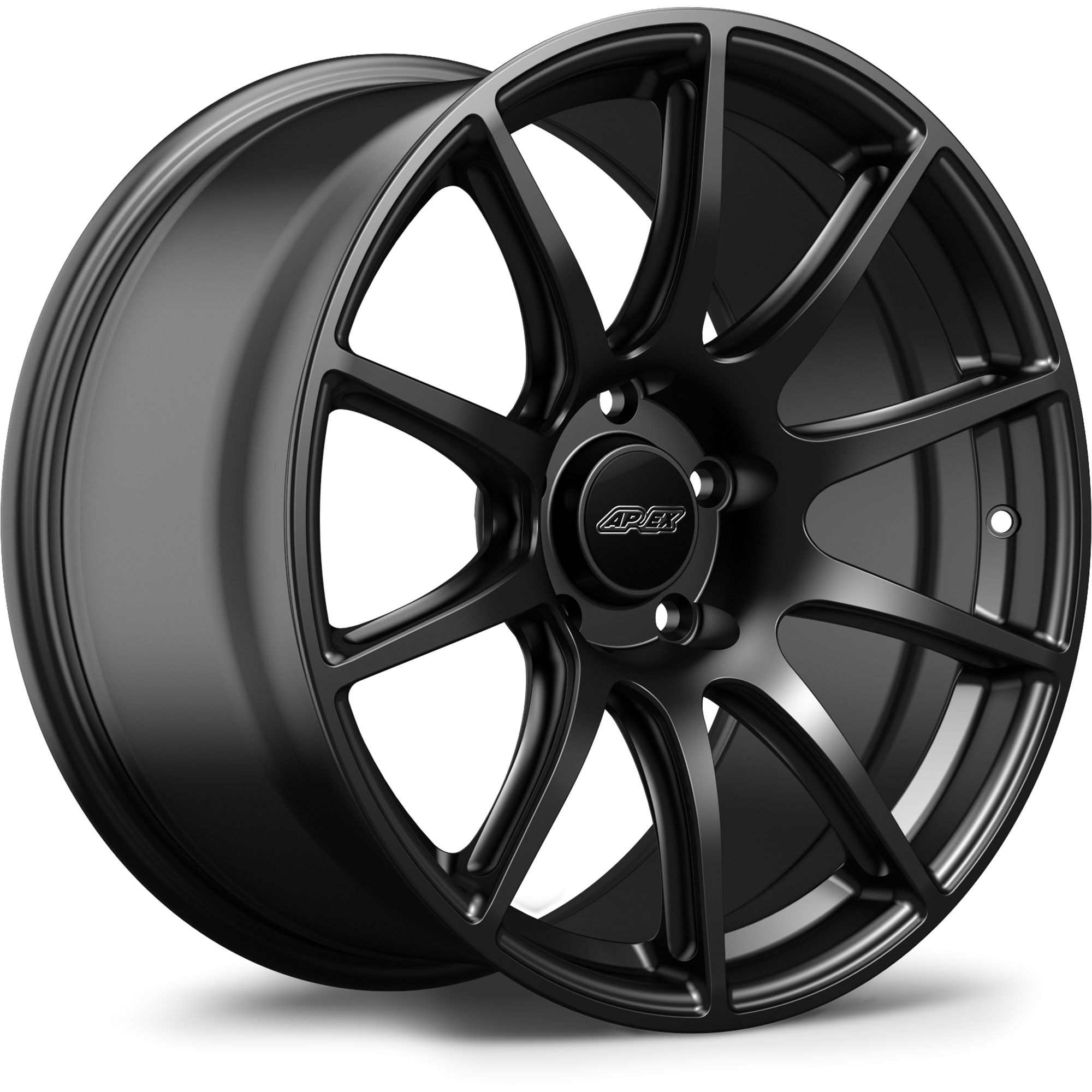 Black alloy wheel with multi-spoke design and center cap, isolated on white background - APEX Wheels wheel for 18x10.5 ET44 5x130 - Satin Black