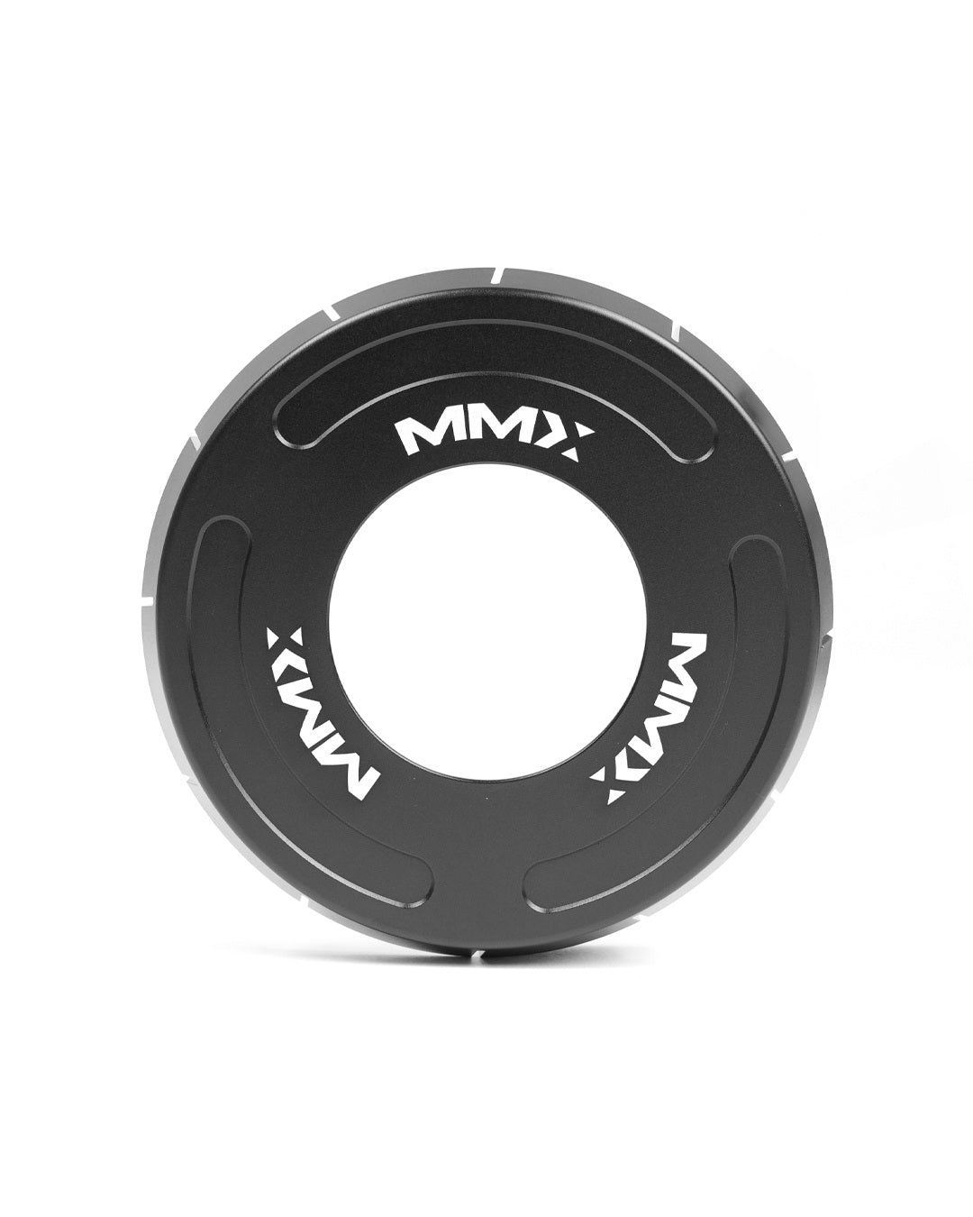 Black anodized VANOS cover viewed face-on