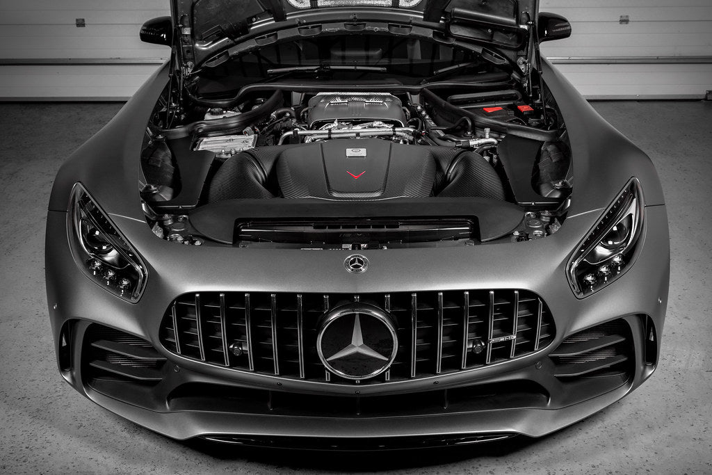 Carbon fiber intake system installed in Mercedes-Benz AMG GT engine bay with hood open showing engine compartment - Eventuri cold air intake for Mercedes-Benz C190 AMG GT S R190 AMG GT C AMG GT R AMG GT