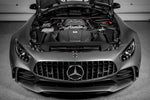Carbon fiber intake system installed in Mercedes-Benz AMG GT engine bay with hood open showing engine compartment - Eventuri cold air intake for Mercedes-Benz C190 AMG GT S R190 AMG GT C AMG GT R AMG GT