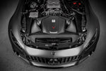 Large carbon fiber air intake system installed in Mercedes-Benz AMG GT engine bay with curved intake tubes - Eventuri cold air intake for Mercedes-Benz C190 AMG GT S R190 AMG GT C AMG GT R AMG GT