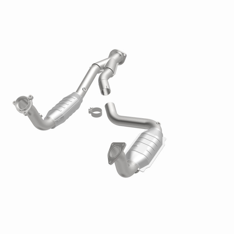 MagnaFlow 4451640 carb direct-fit catalytic converter, opposite front three-quarter view of the turntable spin