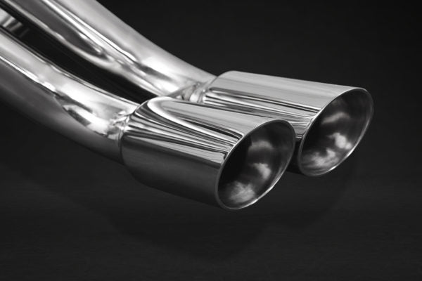 close view of Capristo FreeFlow Exhaust for Ferrari 512 / Testarossa 1985-1996 with black background