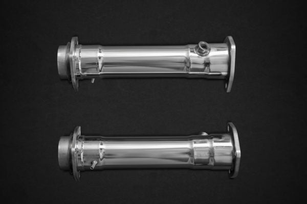 wide view of Capristo Secondary Cat Delete Pipes for Ferrari 512/Testarossa 1969-1991 with black background