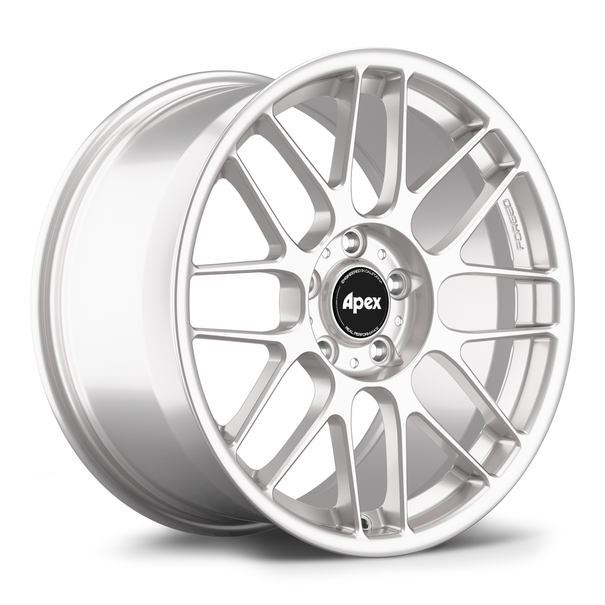 Silver aluminum alloy wheel with multi-spoke design and black center cap displayed at angle on white background - APEX Wheels wheel for 18x8.5 ET40 5x120 - Race Silver
