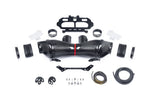 Complete carbon fiber intake system with dual tubes, mounting brackets, clamps, hardware and installation components laid out on white background - Eventuri air intake for Chevrolet Corvette
