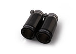 Remus 84mm Black Chrome Tail Pipe Set, pair of carbon tail pipes with clamps, angled view