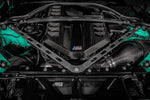 Top-down view of the Eventuri carbon cover installed in a mint green G8X M3 engine bay