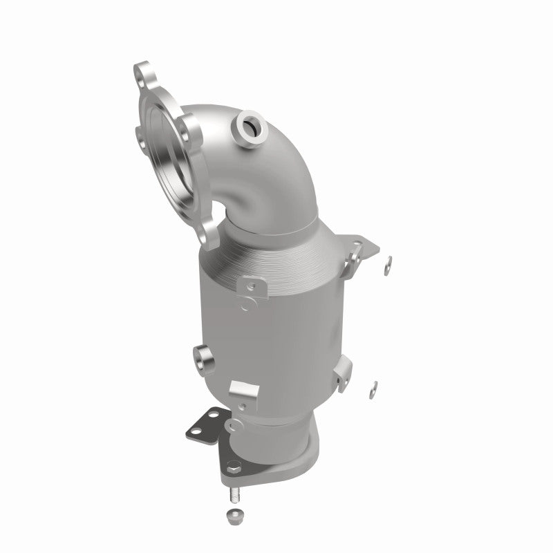 MagnaFlow 21-420 oem grade direct-fit catalytic converter, front three-quarter view of the turntable spin