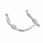 MagnaFlow 5582167 carb direct-fit catalytic converter, rear three-quarter view of the turntable spin