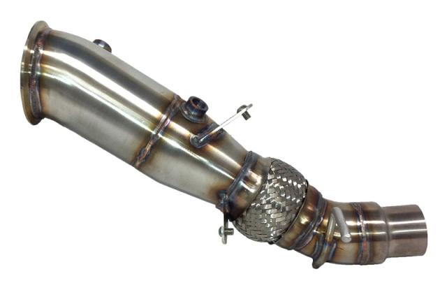 A front view of Evolution Racewerks Competition Series 4" Catless Downpipe BMW (F10, F25, E84, E89 N20) in Brushed Finish