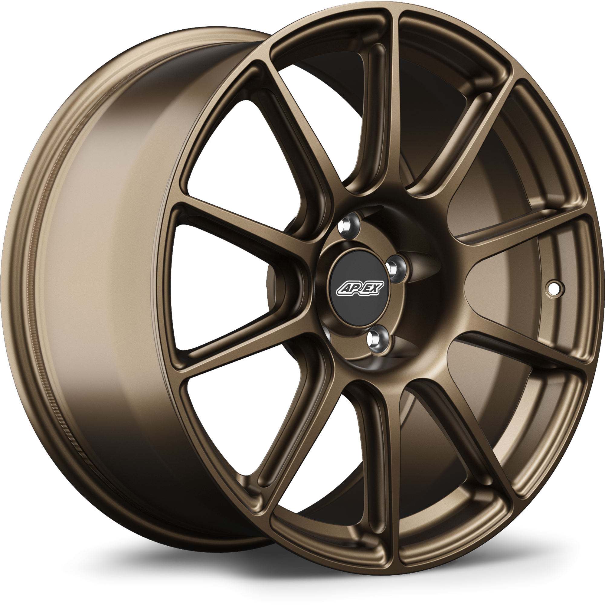 Bronze finished alloy wheel with split-spoke design isolated on white background showing face and barrel profile - APEX Wheels wheel for 18x8.5 ET43 5x112 - Satin Bronze