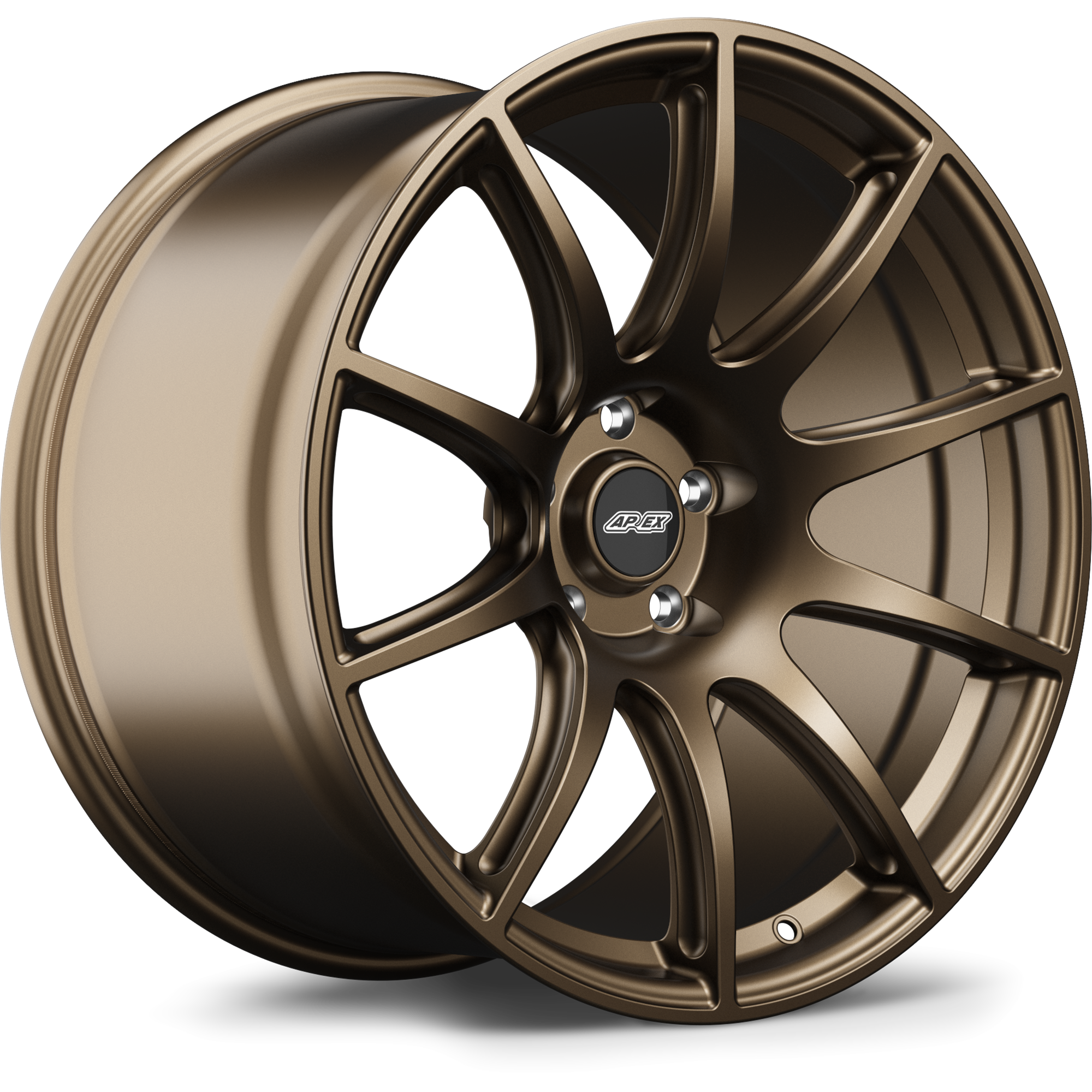 Two bronze-finished alloy wheels with ten-spoke design and five-bolt mounting pattern on white background - APEX Wheels wheel for 19x9.5 ET25 5x112 - Satin Bronze