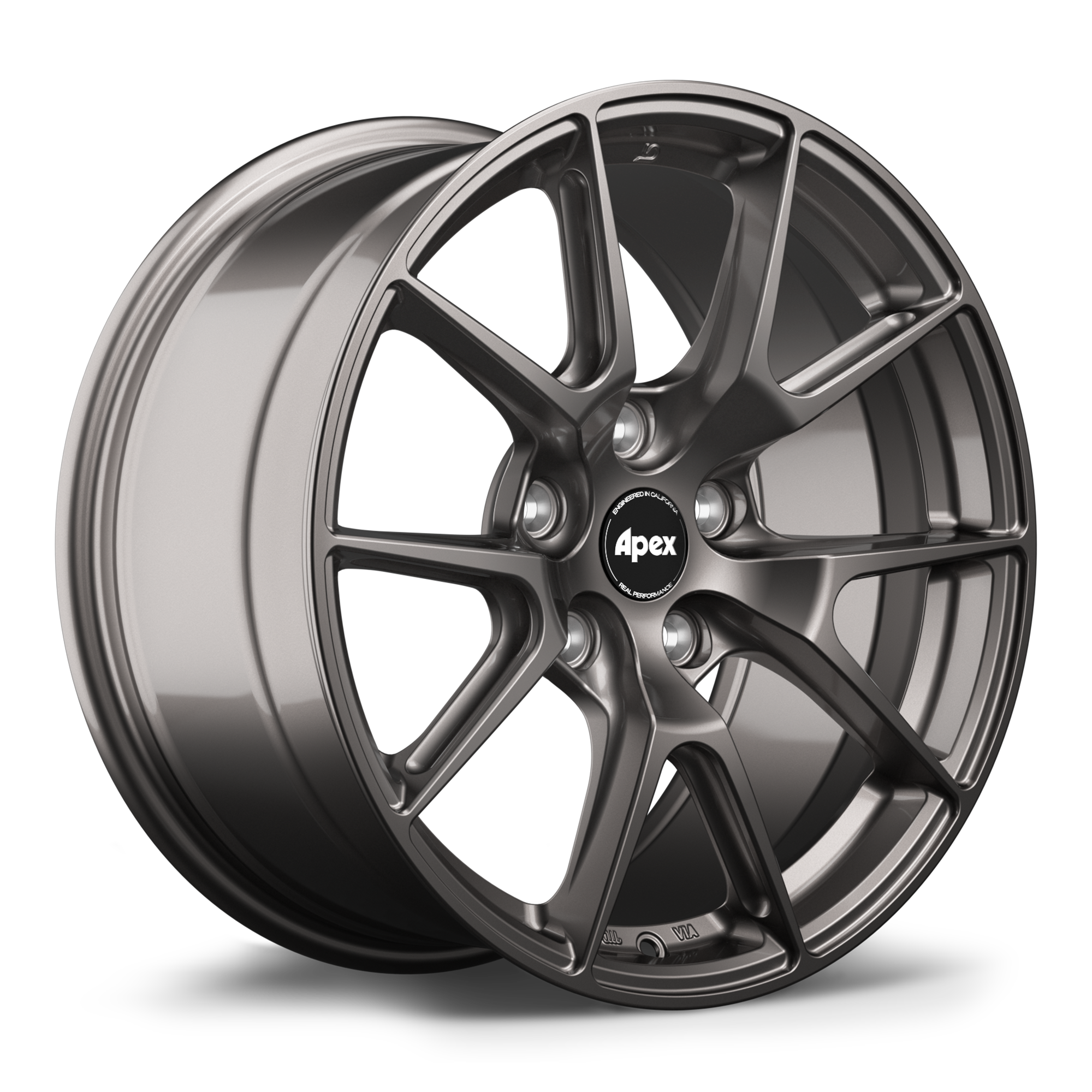 Gunmetal gray alloy wheel with ten-spoke design and center cap, displayed at three-quarter angle showing face and barrel - APEX Wheels wheel for 18x9 ET25 5x112 - Anthracite