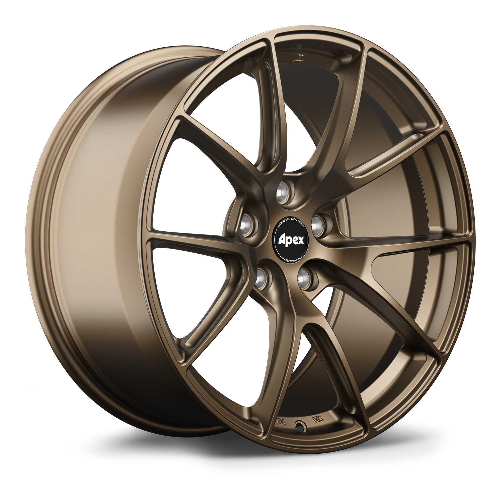 Bronze finished alloy wheel with ten-spoke design and center cap, displayed at three-quarter angle on white background - APEX Wheels wheel for 19x11 ET52 5x114.3 - Satin Bronze
