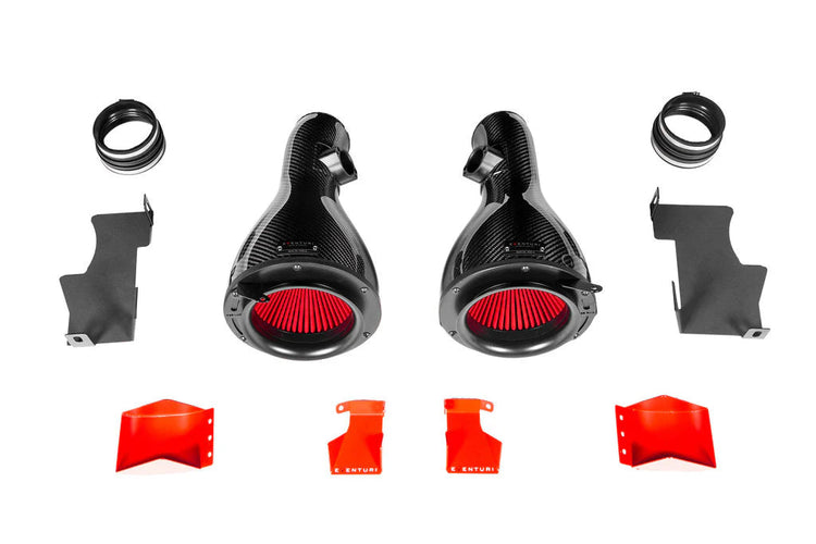 A top wide view of Eventuri Black Carbon Fiber Intake System V2 for BMW E60 M5 / E63 M6 2006-2010 with white background