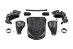 Complete carbon fiber intake system with dual air boxes, connecting ducts, engine cover and mounting components on white background - Eventuri intake for BMW X5 M50i