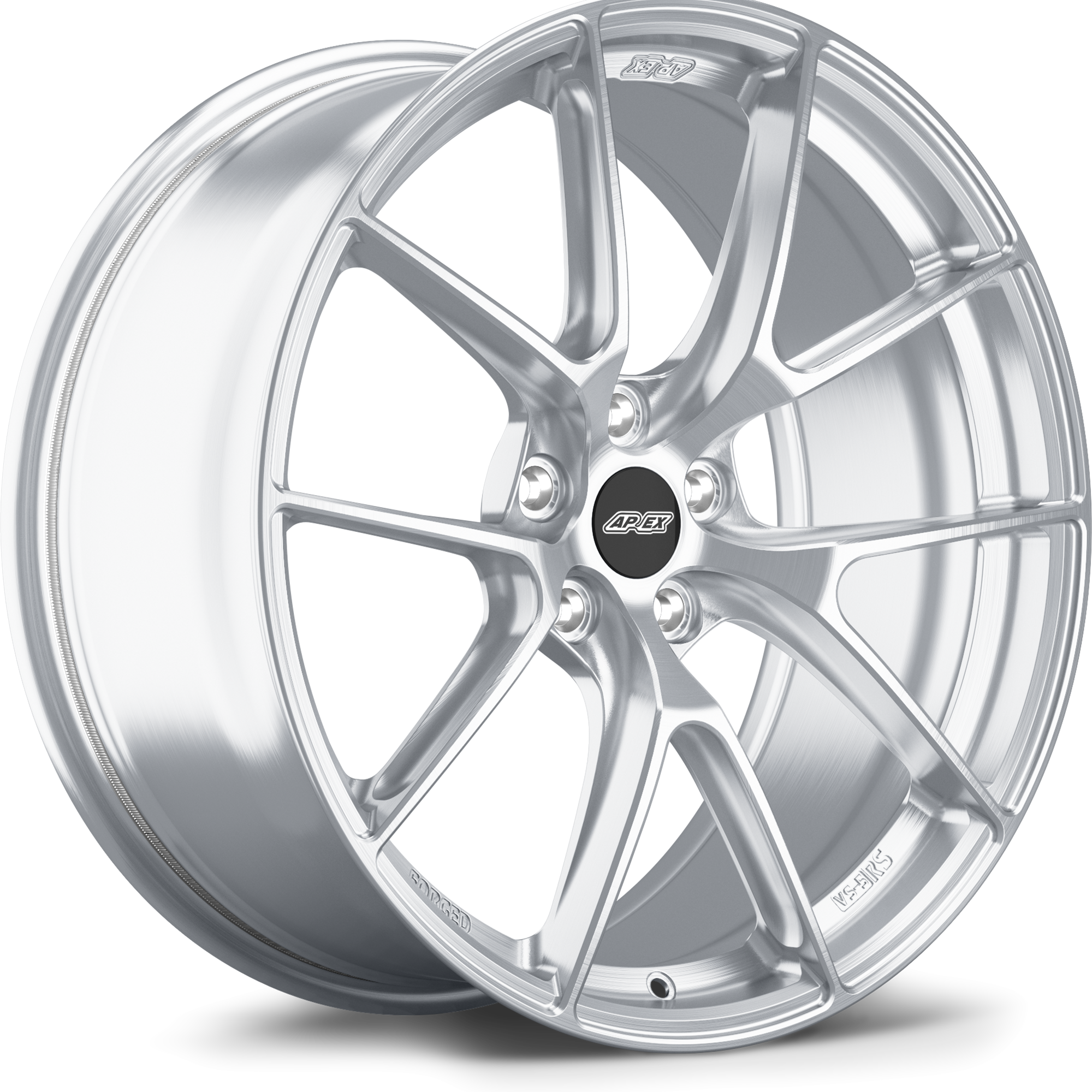 Silver forged aluminum wheel with Y-spoke design, polished finish, black center cap, and five lug bolt pattern - APEX Wheels wheel for 20x9 ET25 5x112 - Brushed Clear
