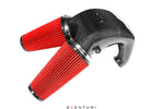 Carbon fiber intake housing with red pleated air filter element and polished aluminum connection tube - Eventuri intake system for Porsche 9YB Cayenne Coupe 9YA Cayenne