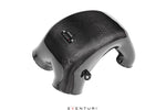 Carbon fiber intake cover with curved airbox shape and branded label, showing glossy weave pattern finish - Eventuri intake system for Porsche 9YB Cayenne Coupe 9YA Cayenne