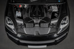 Carbon fiber intake system components installed in Porsche engine bay with hood open showing dual intake boxes - Eventuri intake system for Porsche 9YB Cayenne Coupe 9YA Cayenne