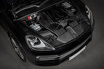 Carbon fiber intake system installed in Porsche engine bay with curved ducting and filter housing visible - Eventuri intake system for Porsche 9YB Cayenne Coupe 9YA Cayenne