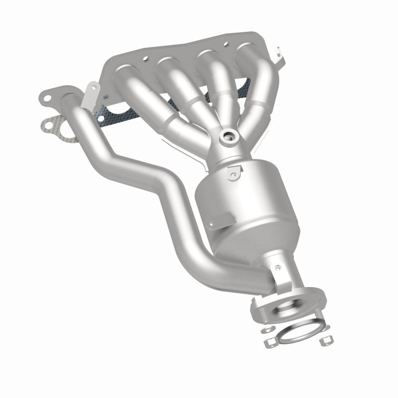 MagnaFlow 22-258 oem grade manifold converter, rear three-quarter view of the turntable spin