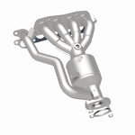 MagnaFlow 22-258 oem grade manifold converter, rear three-quarter view of the turntable spin