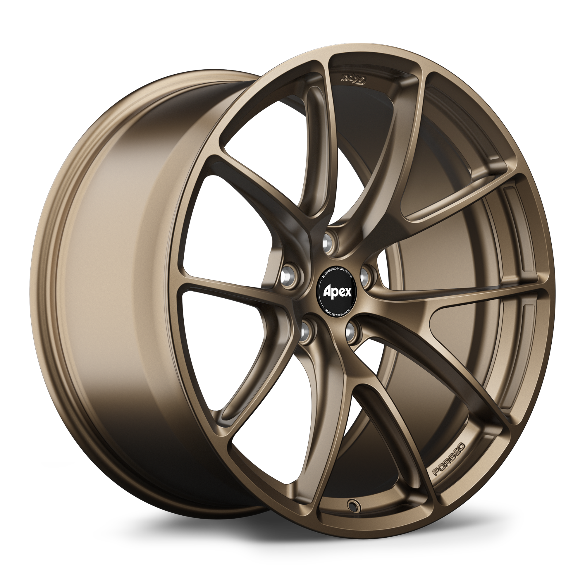 Bronze-finished aluminum alloy wheel with five-spoke design and center cap on white background - APEX Wheels wheel for 20x9.5 ET32 5x120 - Satin Bronze