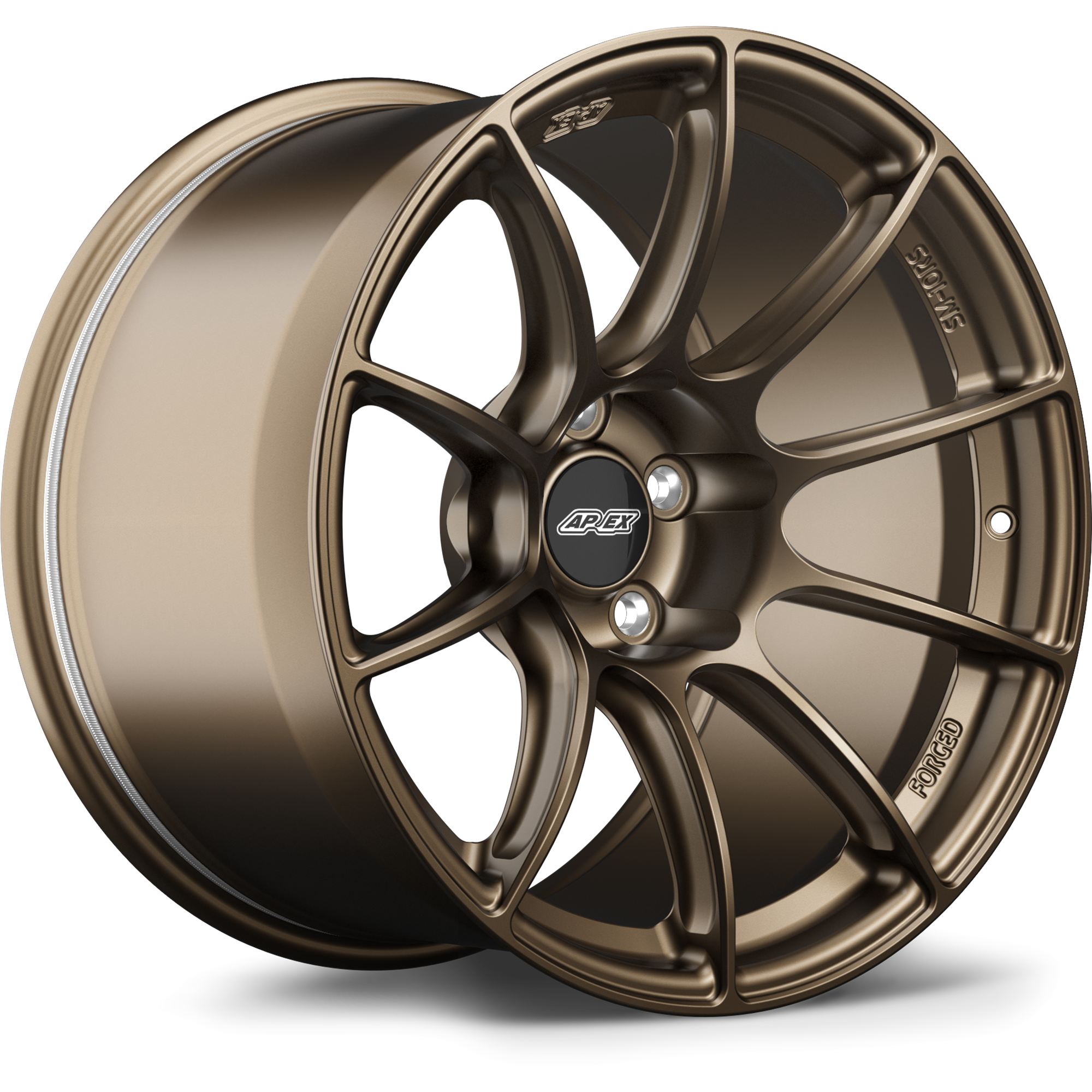 Bronze finished alloy wheel with 10-spoke design, forged construction, shown at three-quarter angle on white background - APEX Wheels wheel for 18x10.5 ET22 5x120 - Satin Bronze