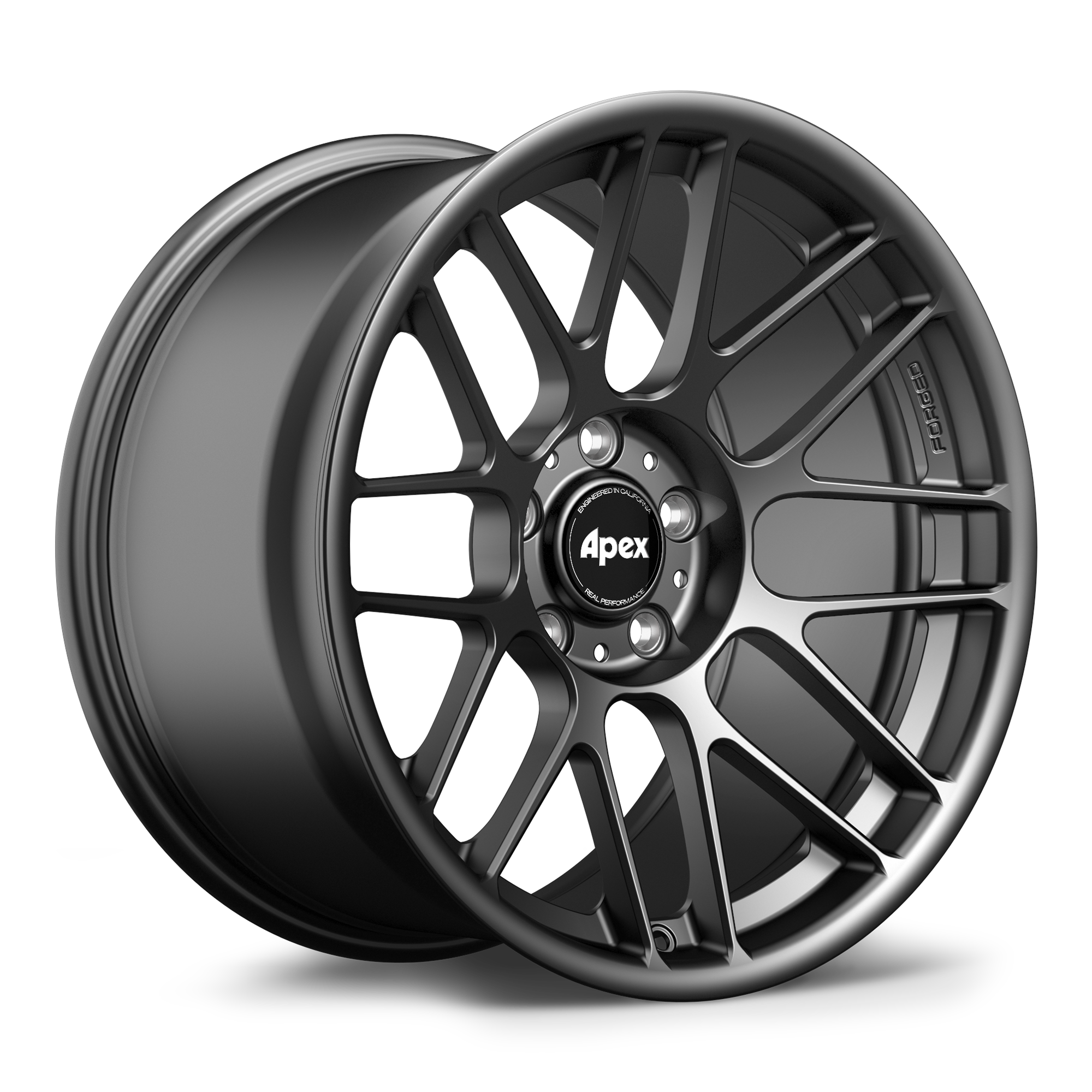 Two dark gunmetal finish wheels with multi-spoke design and center cap, positioned against clean white background - APEX Wheels wheel for 18x10 ET25 5x120 - Satin Black
