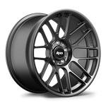 Two dark gunmetal finish wheels with multi-spoke design and center cap, positioned against clean white background - APEX Wheels wheel for 18x10 ET25 5x120 - Satin Black