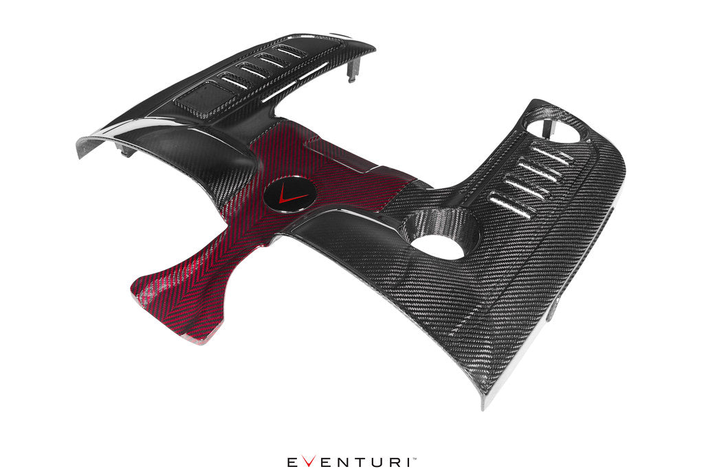 Black carbon fiber air intake housing with red fabric filter element and top cover, shown disassembled on white background - Eventuri cold air intake for Mercedes-Benz G63 AMG