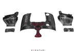 Complete cold air intake system components including carbon fiber intake tubes, covers, and red carbon fiber center section displayed on white background - Eventuri cold air intake for Mercedes-Benz G63 AMG