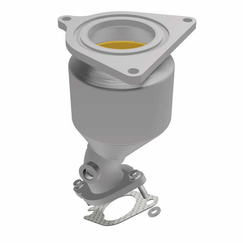 MagnaFlow 5582686 carb direct-fit catalytic converter, opposite front three-quarter view of the turntable spin