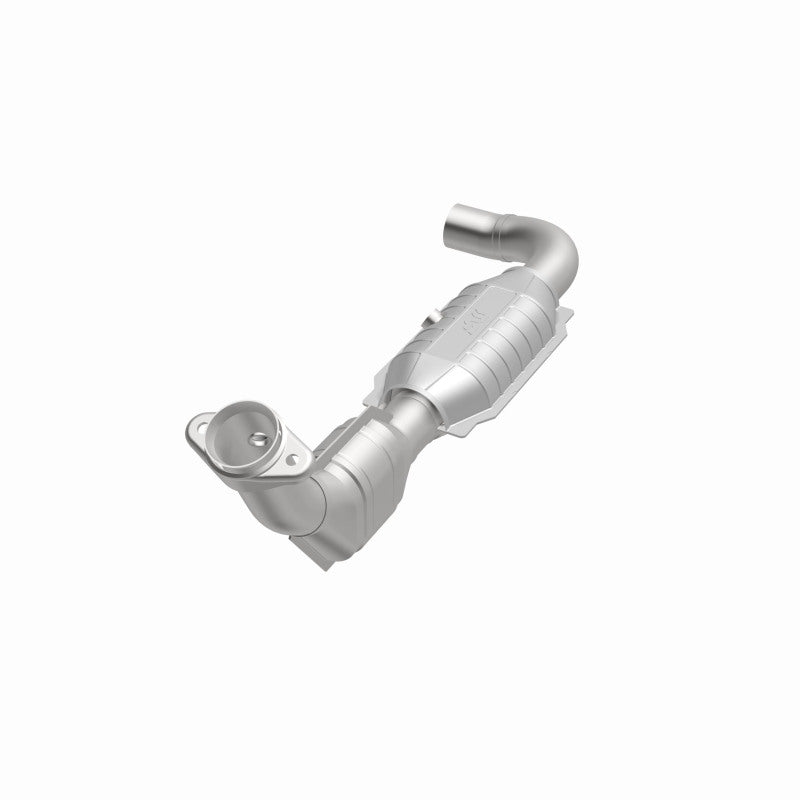 MagnaFlow 447113 carb direct-fit catalytic converter, opposite front three-quarter view of the turntable spin