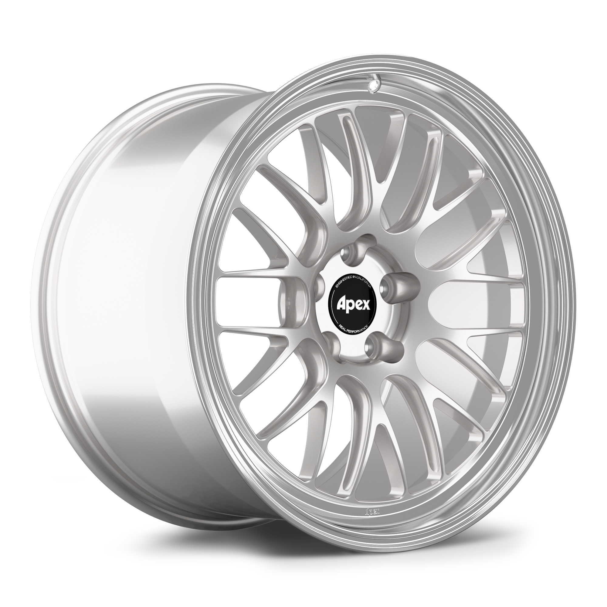 Silver alloy wheel with multi-spoke design and center cap isolated on white background - APEX Wheels wheel for 20x12 ET50 5x120.65 - Race Silver - Machined Lip